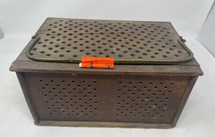 Foot Warmer, drilled holes Dovetailed, metal handle,: Dovetailed, metal handle, slide back door, top cracked, bottom edges with gouges, 6" tall x 8 1/2 x 11 1/2"