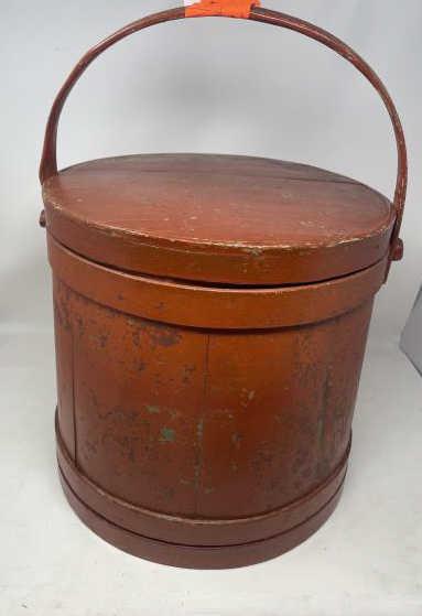 Firkin, red handle Red over Green paint, top split,: Red over Green paint, top split, paint flaking & worn, 14" tall x 14" diameter