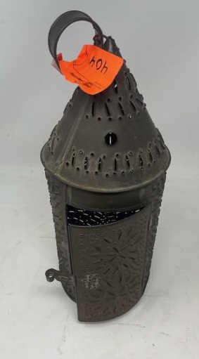 Pierced Tin Barn Lantern Swinging front door, ring tin: Swinging front door, ring tin top handle, 13" tall x 5 1/2" diameter