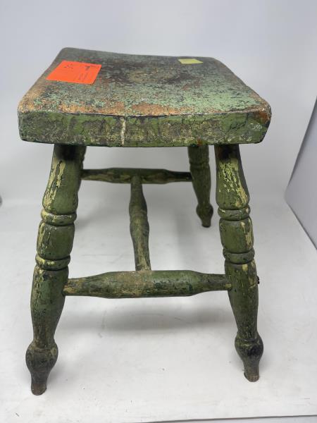 Footstool, green painted Worn paint, legs reinforced: Worn paint, legs reinforced with 2 screws, 15 1/2" tall x 9 1/2 x 12" top