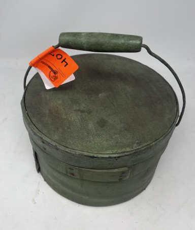 Pantry Box Painted green with handle Paint & finish: Paint & finish cracked, nails added to reinforce side of box, 5 1/2" tall x 9" diameter