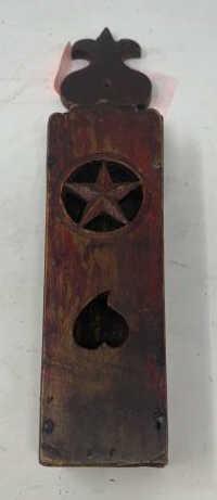 Match Box Safe, hanging, red wash, star & heart Red: Red paint is worn in spots, 13" tall x 3" wide x 2" deep