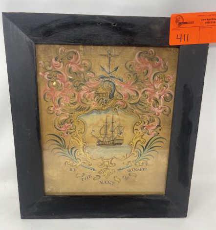Watercolor, Framed, Ship with Family Crest " By The: " By The Name of Winship" some discoloration & water staining, 12" tall x 10" wide plus 2" frame