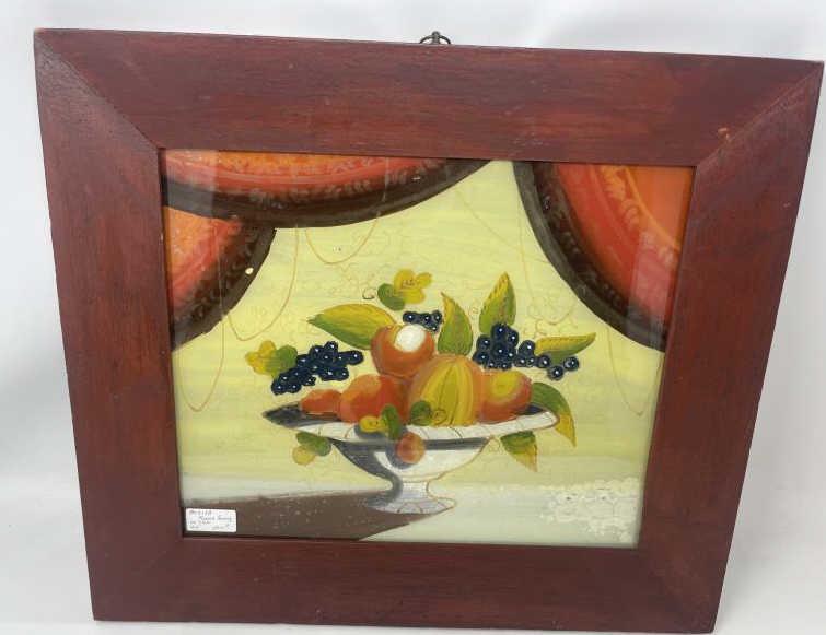 Picture Reverse Painting of basket of fruit Red Frame,: Red Frame, lower right paint lifting & cracking; 9 3/4 x 11 1/2" plus 2 1/4" frame