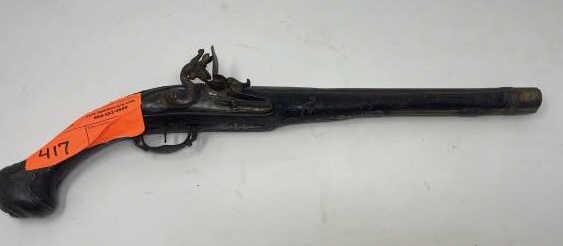 Flint Lock Pistol, Brass Inlay Long Barrel Flint lock,: Long Barrel Flint lock, Stock chipped, No Ramrod, brass & silver inlay, 20" long with 13" Barrel