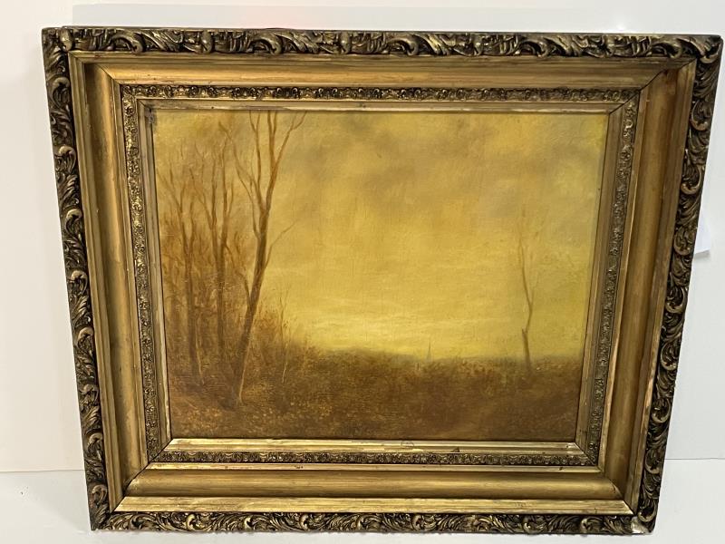 Painting oil on canvas, Landscape with church stee: Signed lower center but illegible, patched & repaired lower left, Craquelure throughout, 15" tall x 18" plus 3" frame