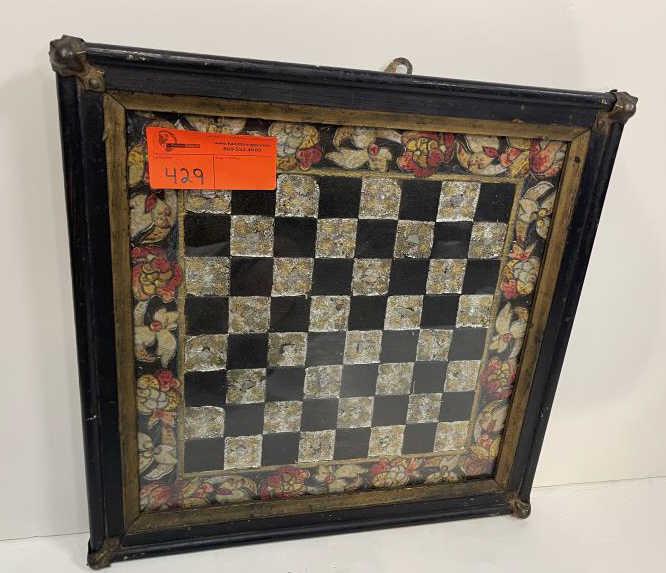 Folk Art Checkerboard Framed under glass, metal: Framed under glass, metal corners, hand decorated with floral boarder, black squares with gold & mother of pearl squares; 18 3/4" squares