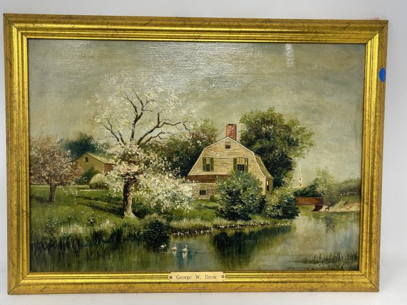 Painting; Country Cottage & River Unsigned but style of: Unsigned but style of G.W. Drew; oil on paper laid down on cardboard, parts of painting rippled, not signed, (plaque on from George W. Drew) dirty, 12" tall x 17 1/4" wide plus 1 1/2" frame