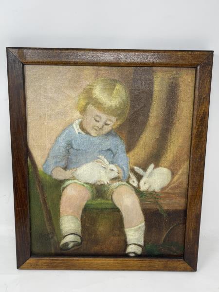 Painting Oil on Canvas of Little Girl with Bunnies: Signed, light Craquelure, picture frame stretcher marks, several, 13 1/4" tall x 11" plus 1" frame