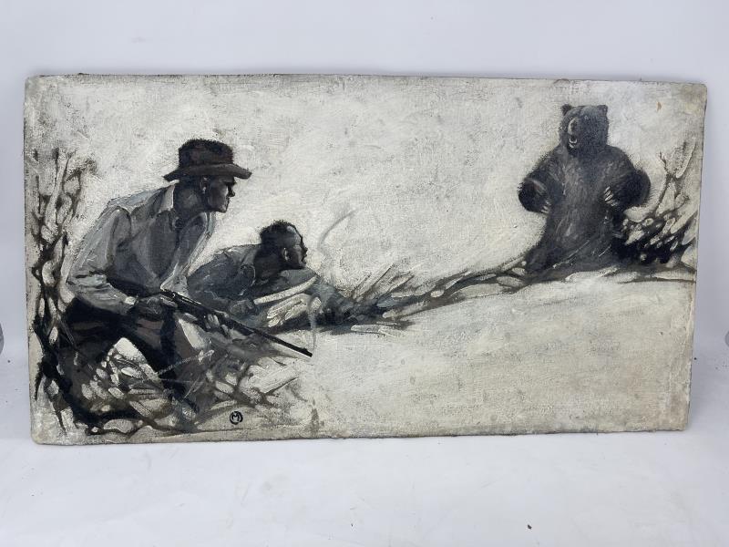 Drawing Illustration, Black & White 2 Hunters with: 2 Hunters with approaching bear, Monogrammed "M" inside a circle, 12" x 22"