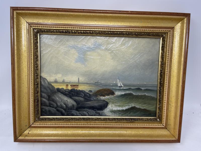 Painting Oil on canvas, Ships at Sea Sailboat &: Sailboat & Steamer, By J. Salvea, patched & repaired middle left, craquelure throughout, signed lower right, 3" line indentation above signature, 9" tall x 12 1/2" wide x plus 2 1/2" modern frame