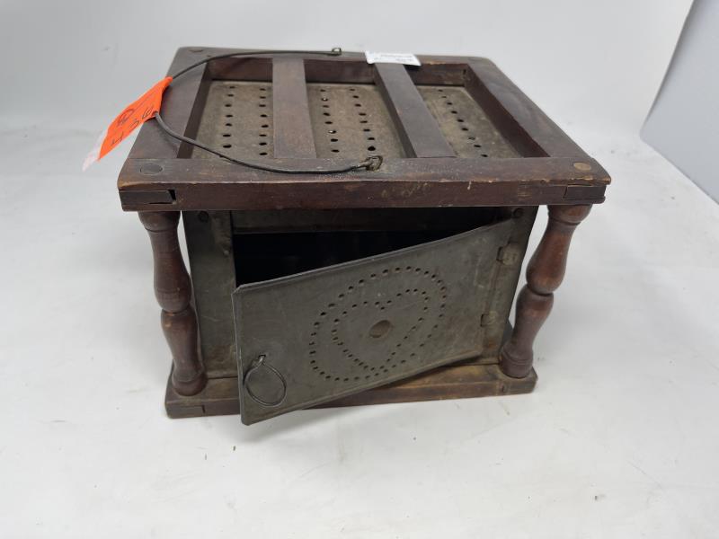 Foot Warmer, Pierced tin with heart design Nice: Nice original condition, inside tin pan, wire handle, 6" tall x 8 1/2 x 7 1/2