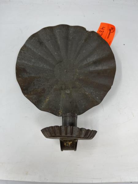 Tin Wall Sconce Scalloped shield & crimped candle drip: Scalloped shield & crimped candle drip edge, upper right rot & some pitting 12 1/2" tall x 9 1/2" diameter