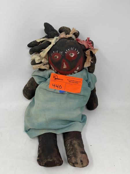 Folk Art Southern Rag Doll Rag Doll, painted &: Rag Doll, painted & decorated canvas face & body, blue dress, 20" tall x 7" wide