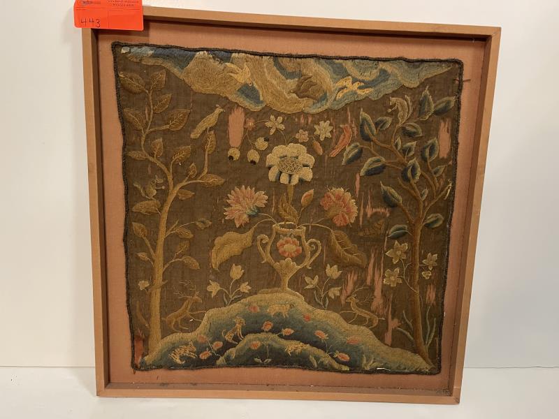 Crewel Needlepoint, Framed Flower Urn with Birds plus 2: Flower Urn with Birds plus 2 large trees, deer, birds, squirrels, dogs, many areas of lost material, 21" square, overall frame 25" square