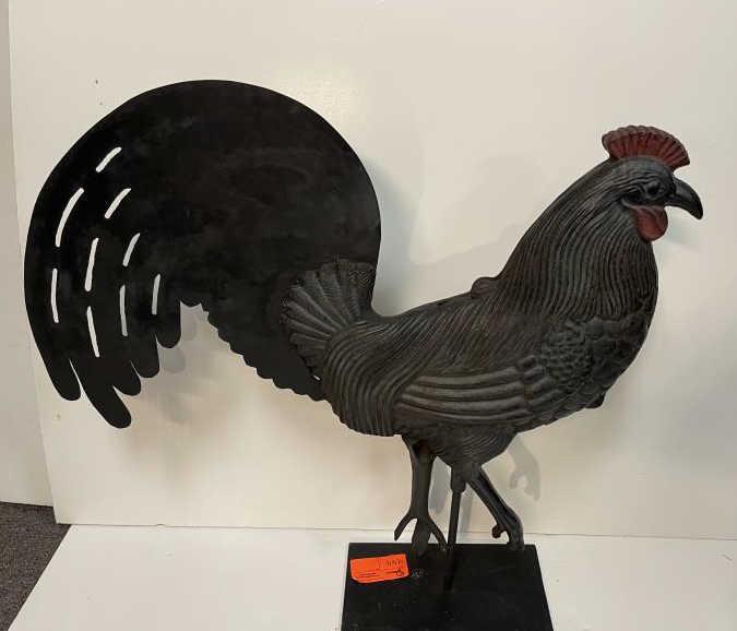 Rooster, Windmill, cast iron Cut out tin tail feathers,: Cut out tin tail feathers, red comb, on stand, 33 1/2" tall x 34" x 5" thick