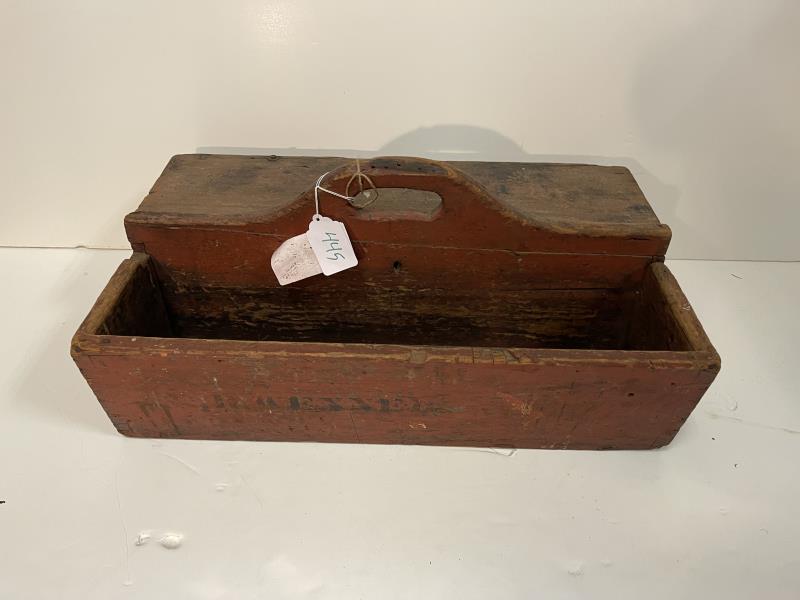 Red Tool Carrier One Side with lift top, stenciled: One Side with lift top, stenciled E.R.W. at end, paint worn, handle missing, 11" tall x 25 1/2 x 15"