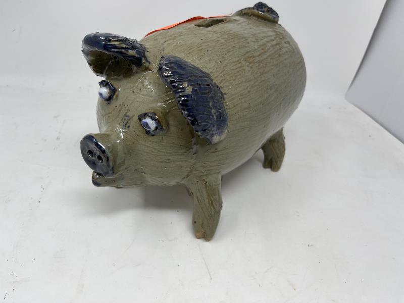 Pottery Pig bank with blue ears & tail Contemporary,: Contemporary, signed on bottom, 6 1/2" tall x 12" x 6" wide