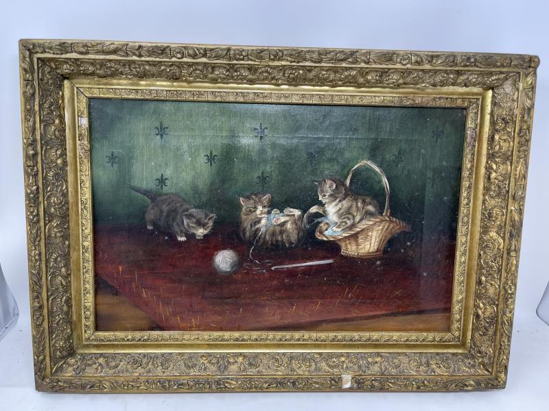 Painting oil on canvas, 3 Kittens in a Basket Unsigned,: Unsigned, picture frame stretcher marks, old repairs throughout, 10 1/2" tall x 16 1/2" wide plus 2" frame, in poor condition