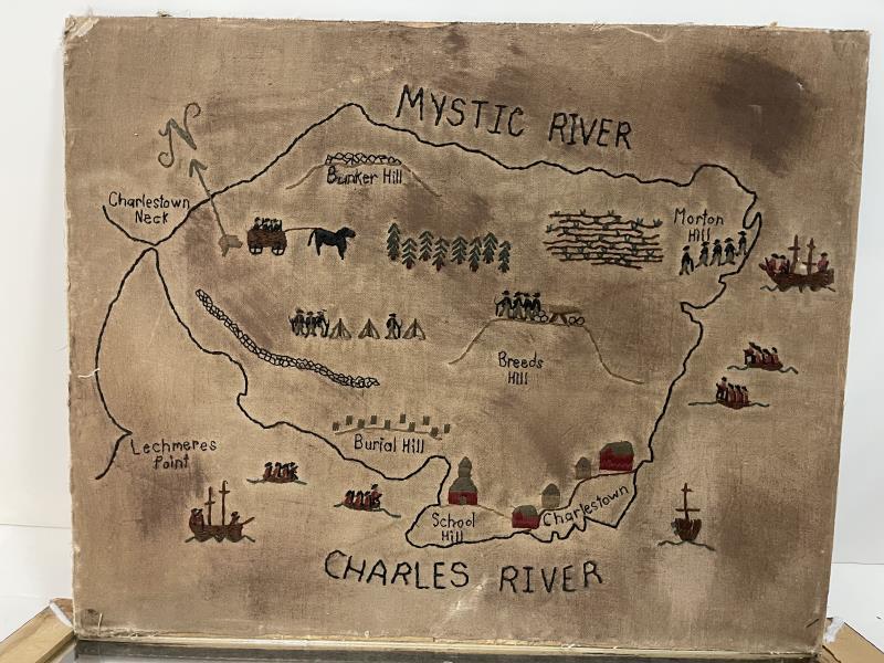 Framed Map of Mystic River & Charles River Needle point: Needle point on canvas, glued down to artist board, frame repaired, very dirty & staining, 16" tall x 20"