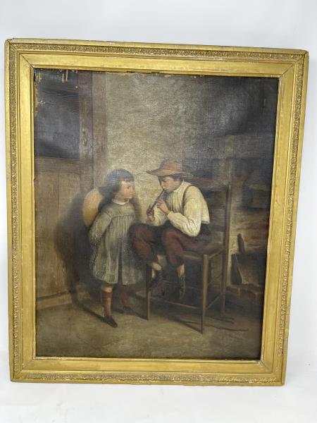 Painting Oil on Canvas; Boy Playing Flute & Girl: Unsigned, paint loss upper right & center plus girl's dress, paint loose on stretcher; 16 1/2 tall x 13 1/2 wide plus 1 1/2" frame