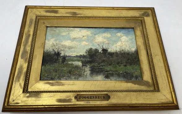 Painting Oil on Board, Landscape, signed,: Signed Lower Right " Poggenbeck" plus plaque on front with same name; 5 1/2" x 8 3/4" plus 2 1/2" frame