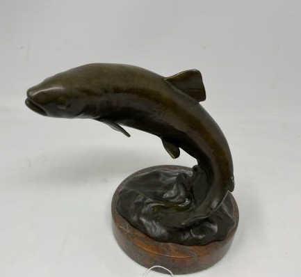 Bronze Statue; Trout on marble base Signed Andre, 7": Signed Andre, 7" tall x 5" base diameter
