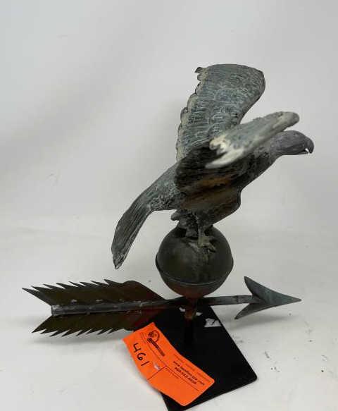 Weathervane, Eagle on Ball with arrow Wings repaired,: Wings repaired, many holes, back of body hole & separating wings, feathers, breast, on stand 12" tall x 13" wing span