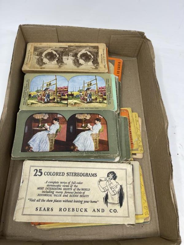 Box Lot of Stereograph Cards 120 assorted cards, many: 120 assorted cards, many color cards, 9 hunting views