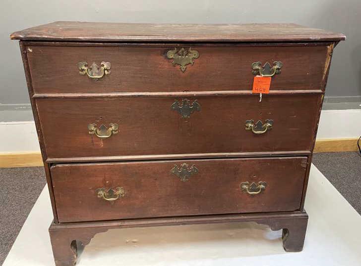 Blanket Chest Lift top, one drawer, replaced brass: Lift top, one drawer, replaced brass pulls, cut out bracket, snipe hinges, top has split & worn out dip on left top, missing part on molding, pieces repaired, old pull holes plugged, poor condition, 3