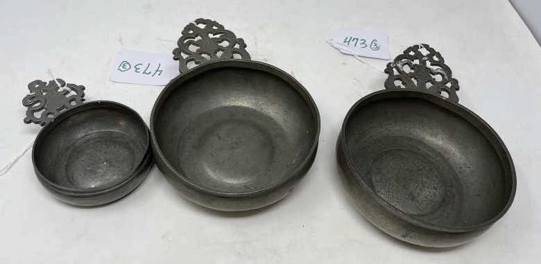 (3) Pewter Porringer (2) Porringer stamped Hamlin: (2) Porringer stamped Hamlin Providence, believed to be Samuel Hamlin, smallest Porringer unmarked, 2" x 5" x 8 1/2" (largest) 1" tall x 5 1/4 x 3 1/4 (smallest)