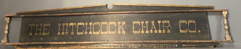 Sign "The Hitchcock Chair Co." Large 19" x 8', Single: Large 19" x 8', Single sided with gold stenciling letters, screw holes, paint worn, scrap marks,