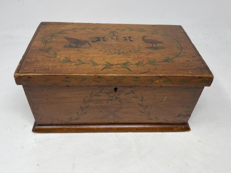 Small lift top box Painted green birds, dovetailed: Painted green birds, dovetailed corner, painted decorative top with shorebirds & inscription on front; 2 small crack on top, dents, nicks, inside pencil inscription reads Made by John A. Hall August 1