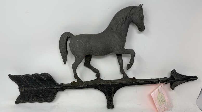 Horse Weathervane Prancing full body horse, 20th: Prancing full body horse, 20th Century metal, on directional arrow 13" tall x 23 1/2" arrow,