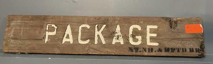 "Package" Sign NY, New Haven, Hartford railroad, carved: NY, New Haven, Hartford railroad, carved Package & stenciled in black NY, New Haven & Hartford Railroad; dents, cracks, missing part of board, weathered, 9" x 48" x 1 1/2" thick