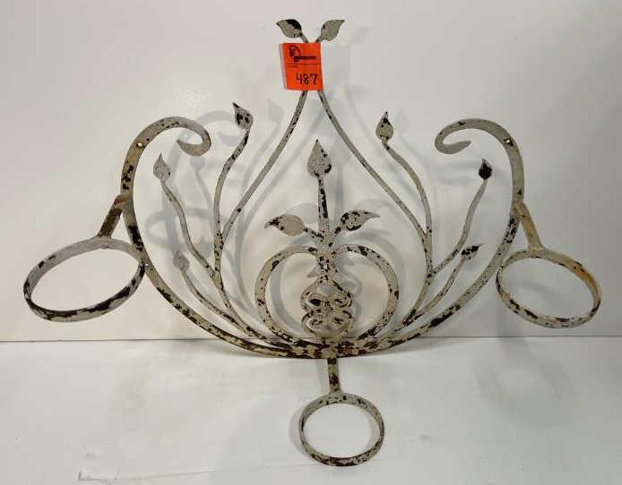 Plant Holder Wrought iron hanging, old white paint,: Wrought iron hanging, old white paint, flaking, 3 arms, 19" tall x 19" x 8" deep