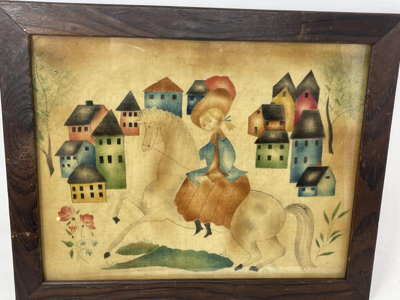 Theorem Painting Girl on horse with house, Signed B.S.: Girl on horse with house, Signed B.S. staining & discolored, attached to old cardboard, 10 1/2" x 13 1/2 plus 1 1/4" frame