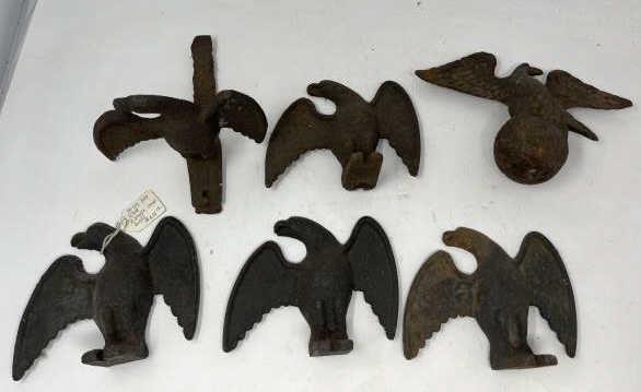 Lot of (6) cast iron Eagle / Snowbirds (5) cast iron: (5) cast iron eagle snow bird, (1) cast iron eagle, rusted & pitting, most 5" tall & 6" wide