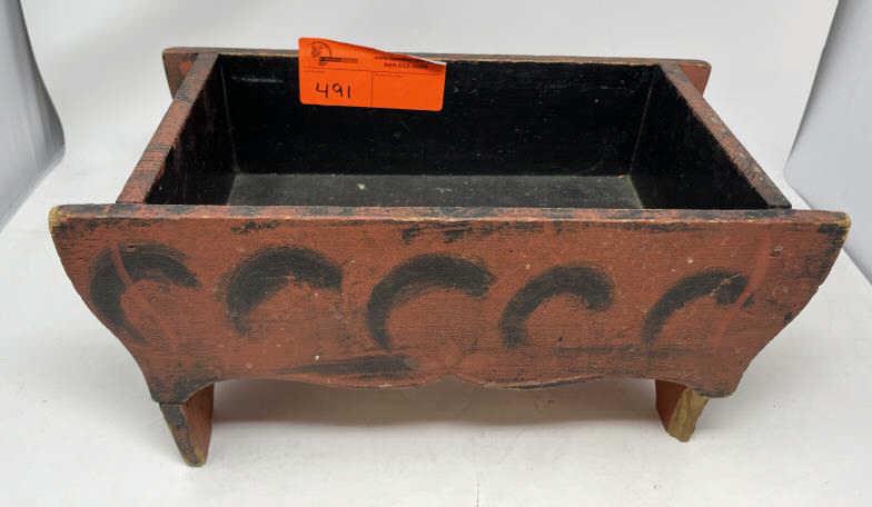 Planter Sponge painted, bed with scrolled design, black: Sponge painted, bed with scrolled design, black interior, missing part of leg, paint worn, 8" x 15" x 7 1/2" deep