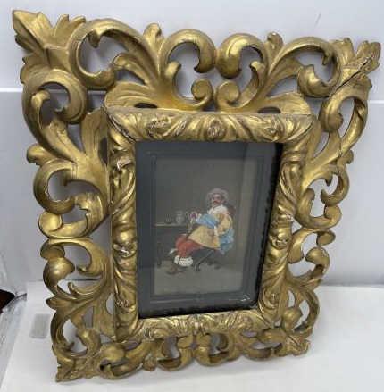 Painting on Panel Miniature Musketeer at table, tag on: Miniature Musketeer at table, tag on reverse F. Sani Florenz, very fancy gold frame with nicks & gold leaf flaking, black liner, cracked & paint pealing, 5 1/2 x 3 /12 with overall 13" x 12"