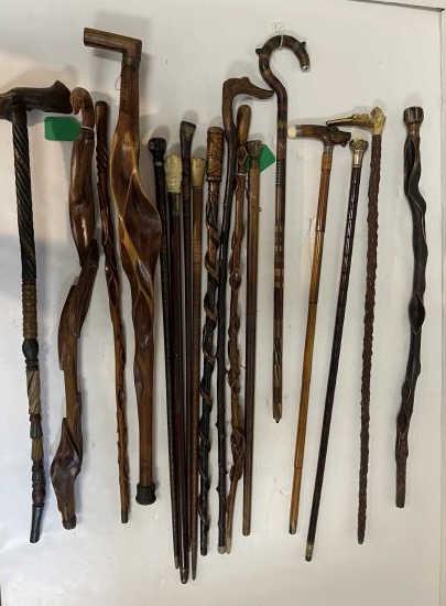 Lot of 17 canes Carved wooden, dog top, hand top double: Carved wooden, dog top, hand top double horse top, gold tip top, & more