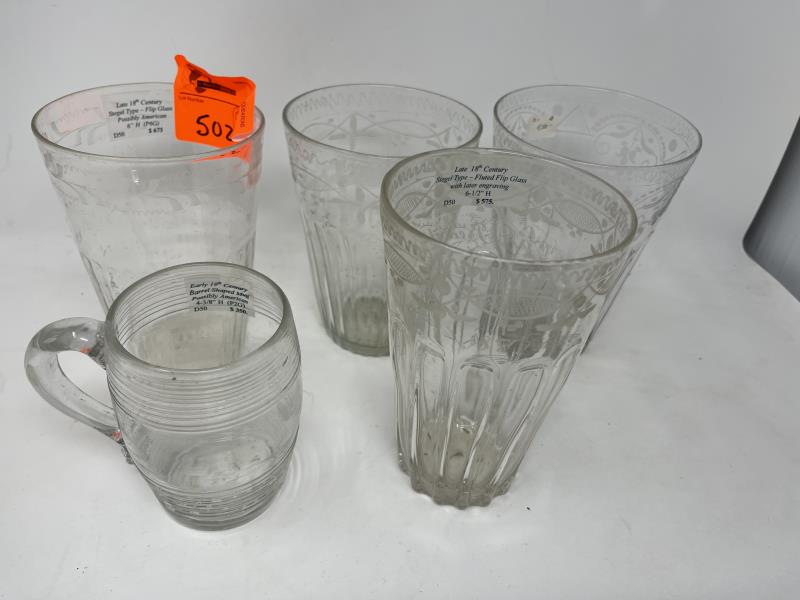 Flip Glass - Glasses & Mug Four early flip glasses with: Four early flip glasses with etched design, all approx. 6 1/2" tall with 4" top diameter & One early mug with applied handle, 4 1/2" tall