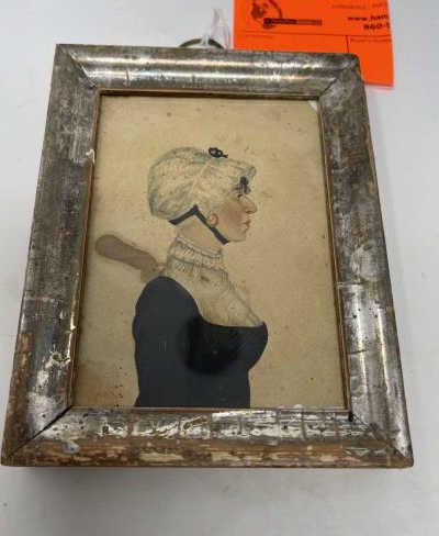 Watercolor painting of Lady, miniature, lady w/ bonnet,: miniature lady with bonnet, water stain, small pin holes in paper, cut right corner, some foxing, 4 1/2" x 3 1/4 wide plus 1" silver frame with nicks & scrapes