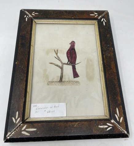 Watercolor Of Bird Bird on twig, Folk Art, staining &: Bird on twig, Folk Art, staining & discoloration, 8 1/2" tall x 5 1/2" wide plus 2" frame