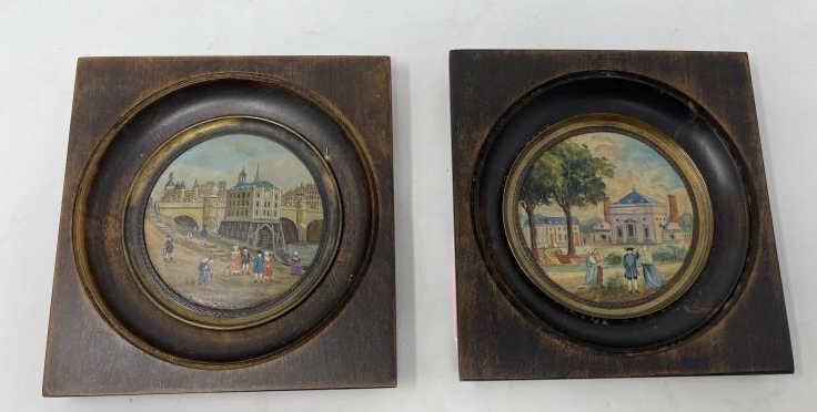 Pair of round miniature paintings Tin, one signed RF: Tin, one signed RF lower right, one signed LR (illegible) 3" diameter, wooden frame 5 1/2" square
