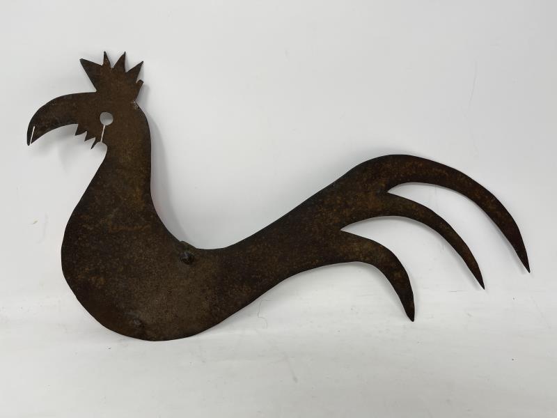 Weathervane Game cock, no stand, cut out metal, one: Game cock, no stand, cut out metal, one comb feather broken off, 3 tail feathers, weathered finish, 9" tall x 18" long