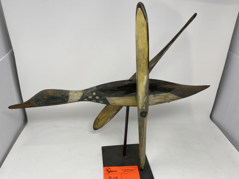 Duck Whirly Gig On stand, black & white with worn: On stand, black & white with worn paint, replaced center dowel, hole on top, 4" tall x 21" long