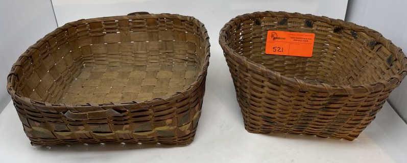 (2) Indian Baskets Both baskets with nice potato: Both baskets with nice potato stamping, handled basket measures 4 1/2" x 12 1/2", basket 5 1/2" x 12"; both baskets in overall very good condition