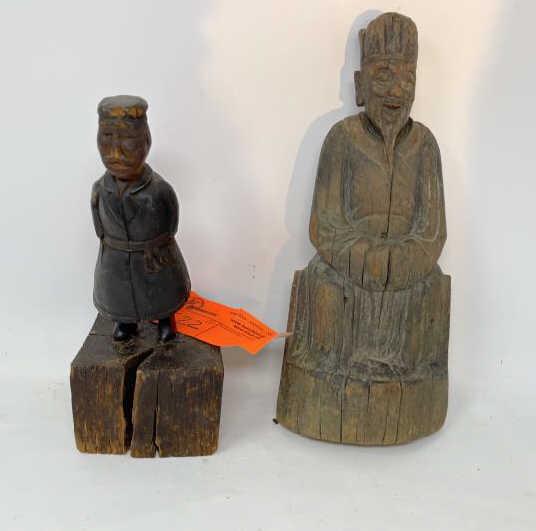 (2) Wood Carvings Chinese man figural, base cracked on: Chinese man figural, base cracked on one figure both with scraped & nicks, 9" tall & 11" tall