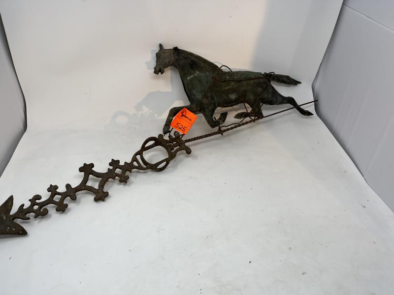 Horse Weathervane Copper galloping horse, joined 2: Copper galloping horse, joined 2 pieces, poor condition, tail broken, hole in legs & body, crudely wired to iron directional arrow, zinc head missing one ear, Horse 9" x 16" Arrow 17" long plus wire